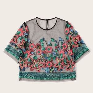 Sheer mesh embroidered top